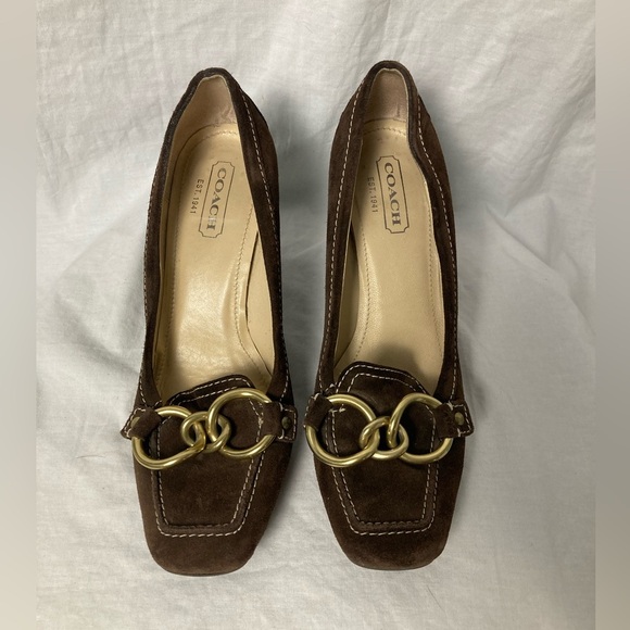 Coach Womens Krystle Dress Pumps Brown Suede Leather High Block Heels size 7.5B - Picture 1 of 13